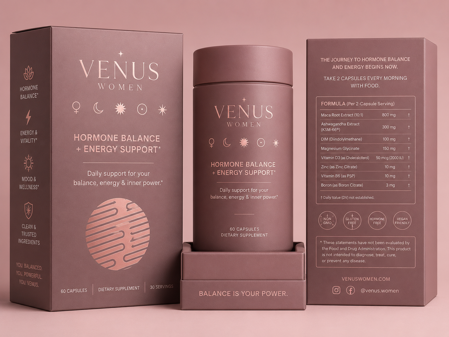 Venus Women Hormone Balance + Energy Support supplement box and bottle